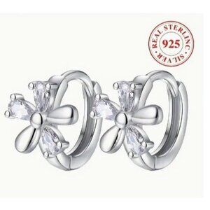 Sterling Silver Stimulated Diamond Zircon Flower Huggie Earrings